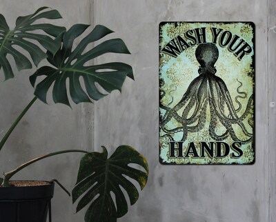 Octopus Wash Your Hands Bathroom Wall Decor Kitchen Art Antique Style Laundry Room Metal Sign Nautical Beach House Steampunk - image5